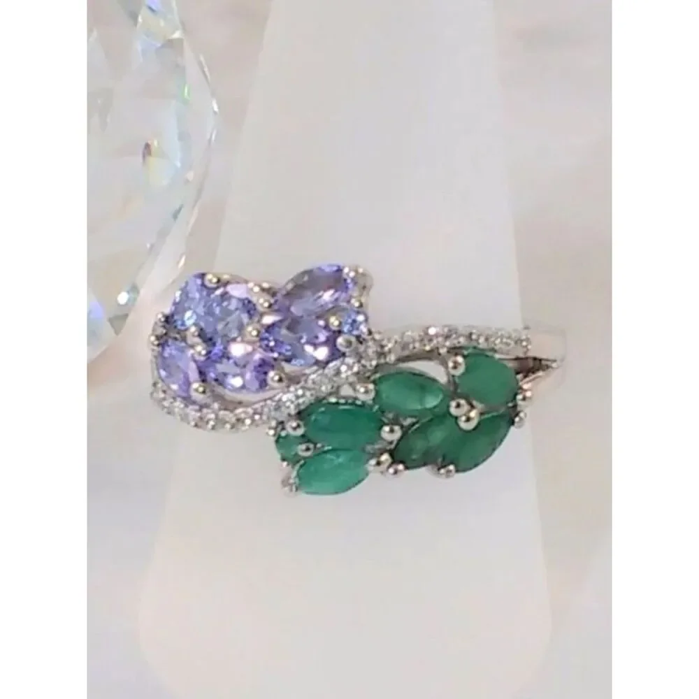 Emerald and Tanzanite and Topaz Bypass Ring Size 9